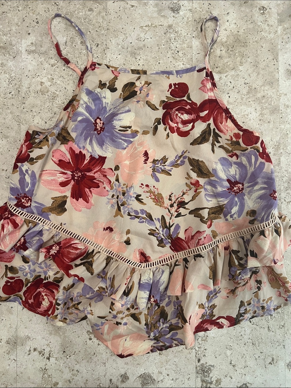 Floral Ruffle Camisole Top - Beige with Pink, Lavender & Red Flowers